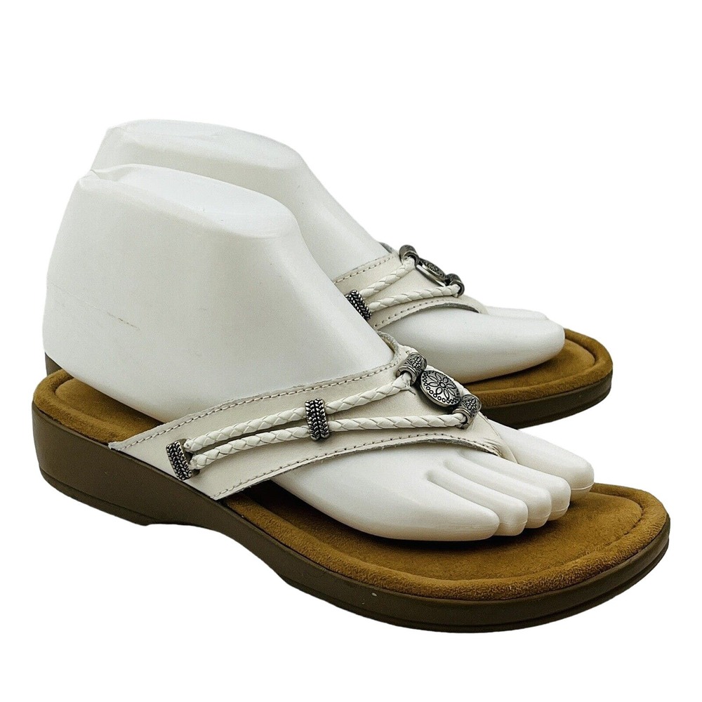 Womens 8 Minnetonka Silverthorne Thong Sandals White Leather Flip Flops Beads